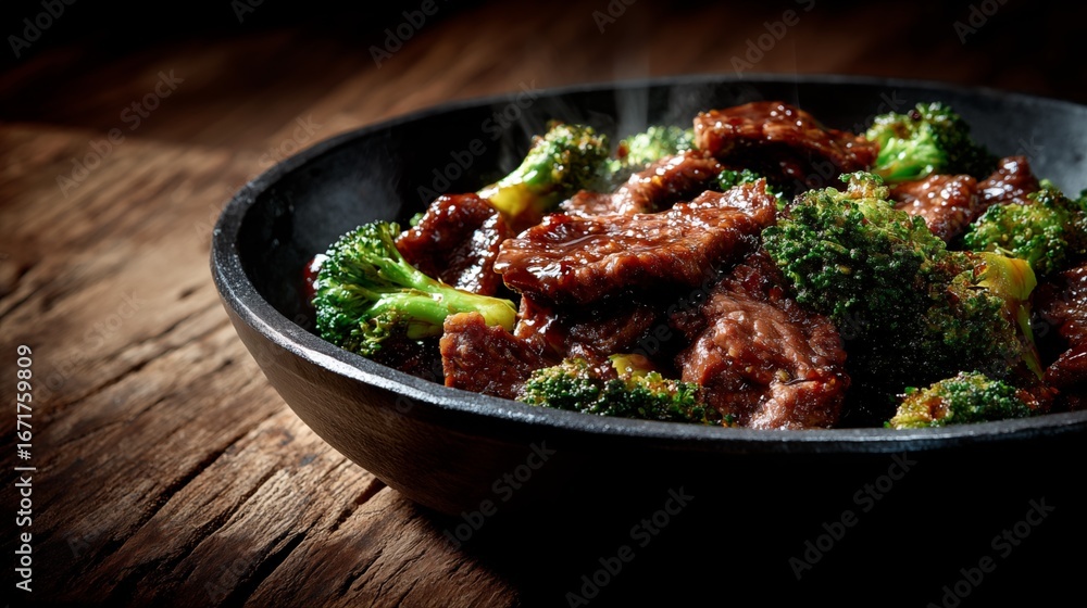 Fototapeta premium Hot sizzling beef with broccoli in dark bowl on rustic wooden table close up