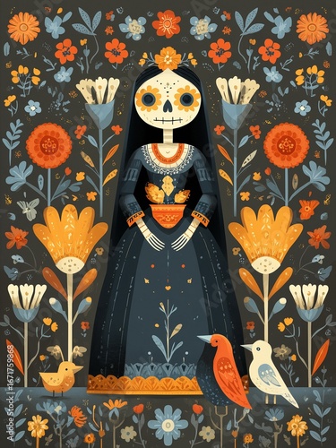 Wallpaper Mural Mexican art style illustration of catrina.  Day of the dead, Dia de los muertos folk art design Torontodigital.ca