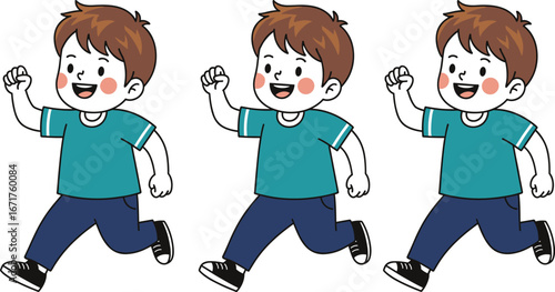Happy cartoon boy running, cheerful child illustration, playful kid character, energetic movement, joyful expression, fun activity, vibrant colors, animated style, youthful energy, dynamic pose