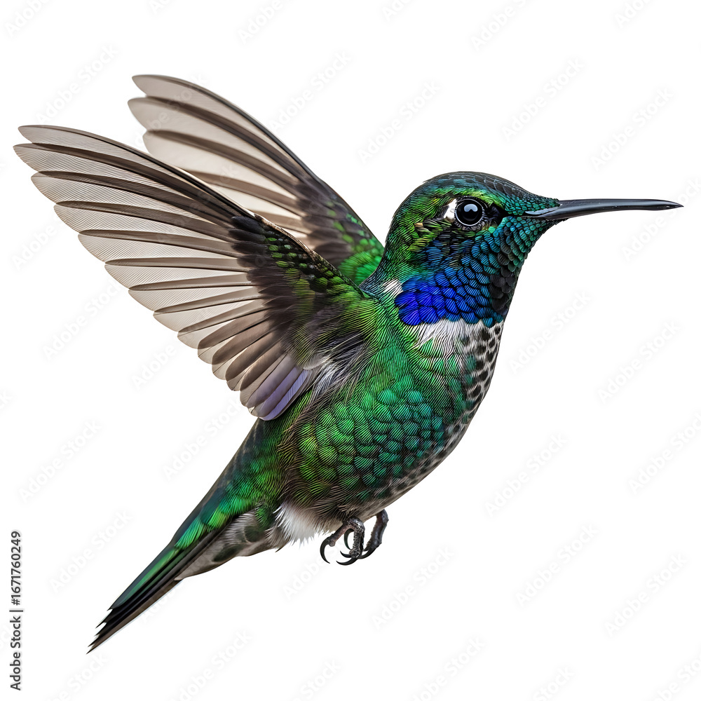 Obraz premium Illustration of vibrant hummingbird in midflight, showcasing its iridescent feathers and delicate wings on white background
