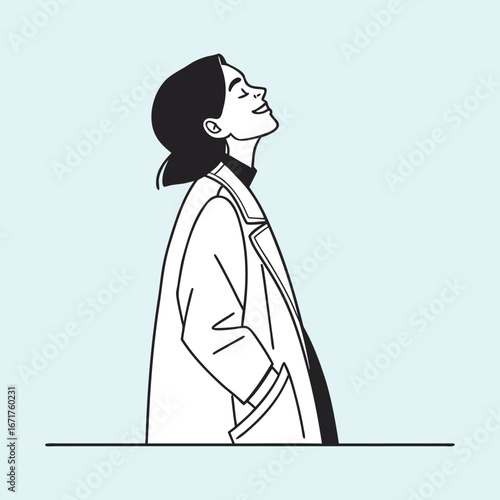 Reverie: A monochrome line art illustration capturing a person bathed in a dreamy, contemplative mood with a serene smile, their gaze upturned toward an unseen source of inspiration.