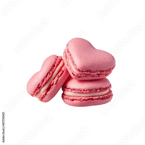 Heart shaped pink macaroons and cookies isolated on a transparent background, in a PNG format