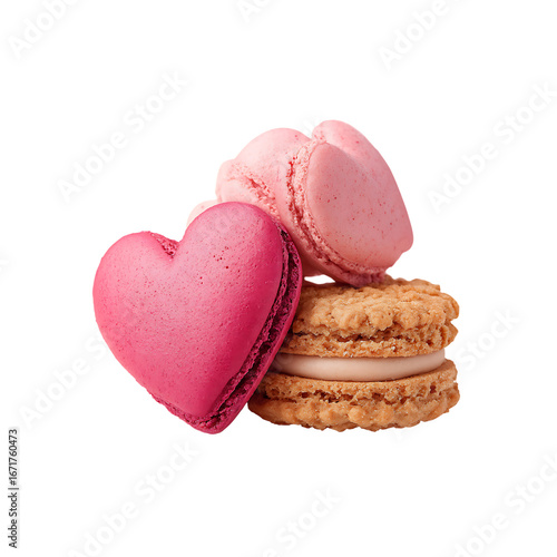 Heart shaped pink macaroons and cookies isolated on a transparent background, in a PNG format