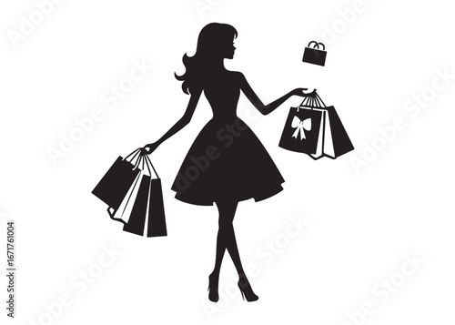 shopping girl logo silhouette vector, woman shopping girl silhouette vector illustration, fashion shopping girl silhouette logo, woman carrying shopping bags logo silhouette vector on white background