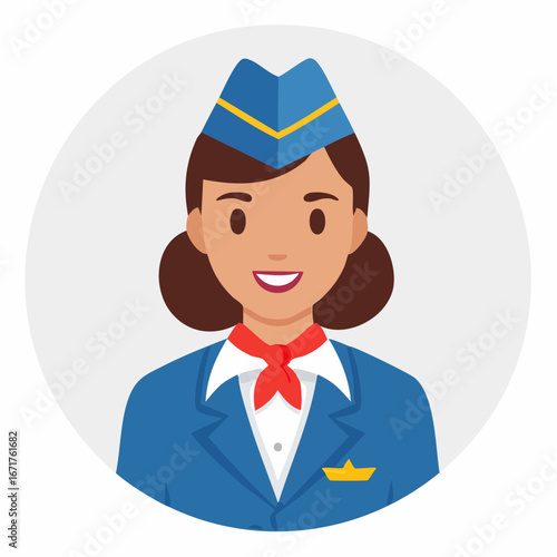 Smiling flight attendant wearing blue uniform with red neck scarf and cap