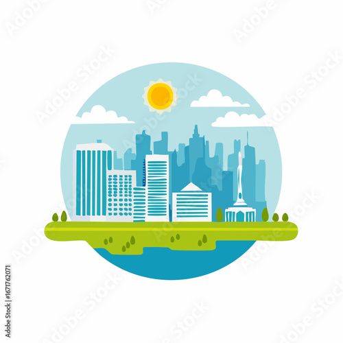 Modern Cityscape with Tall Buildings Under a Sunny Sky and Green Landscape