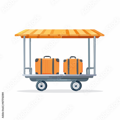 Luggage trolley with orange suitcases under a yellow awning. Cartoon illustration of travel equipment.