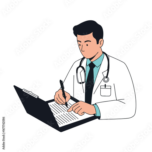 Doctor writing on clipboard in office, focusing on patient notes with stethoscope around neck, showcasing healthcare professionalism and attention to detail.
