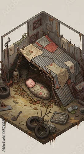 Isometric depiction of a post-apocalyptic baby shelter evoking desolation and survival.