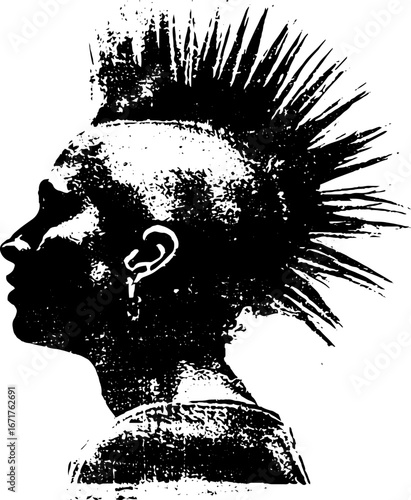 Grunge black and white punk mohawk silhouette for urban street art design