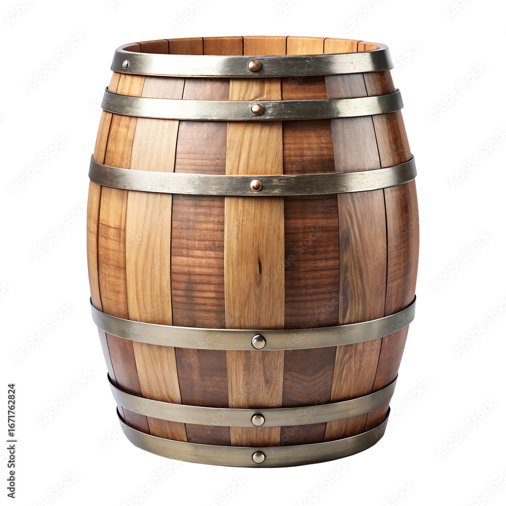 Obraz premium Rustic Barrel of Aged: A finely crafted, weathered wooden barrel, meticulously assembled with metal bands, stands as a symbol of tradition and quality.
