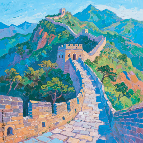 Great Wall of China with Mountain Background Vector Art Design Template