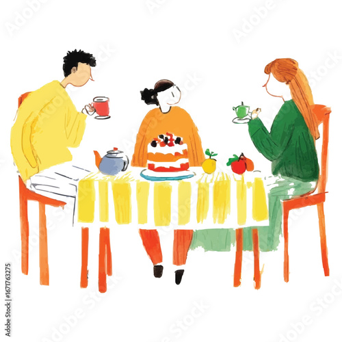 Colorful Hand-Drawn Illustrations – Fashion, Family Dining, and Cute Characters