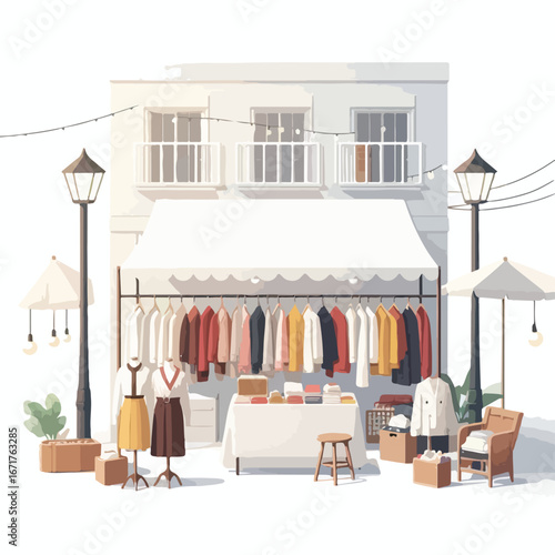 A market with simple clothing stalls with a simple and minimalist flat design using a white background.