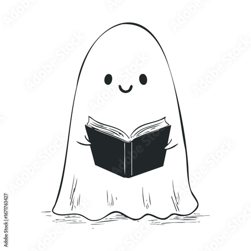 Cute ghost reading a book for Halloween fun and decoration. Halloween vector illustration