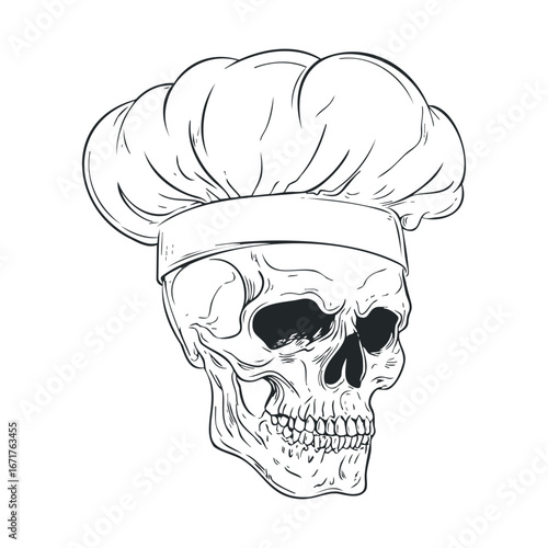 Skull with chef hat design for culinary themes and decorations. Halloween vector illustration