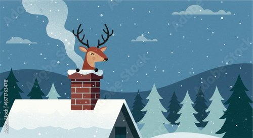 Snowy night scene with a reindeer in a chimney.