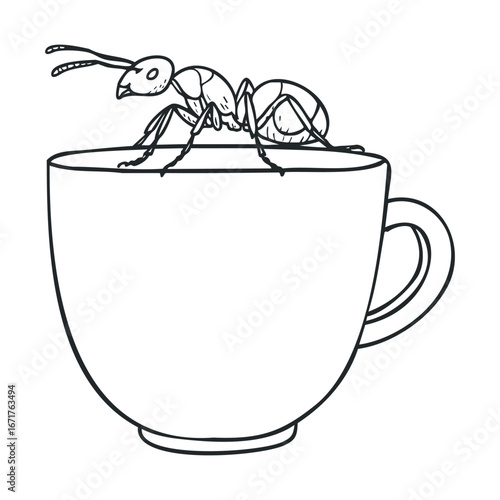 Close up view of an ant on a coffee cup showing intricate details. Halloween vector illustration