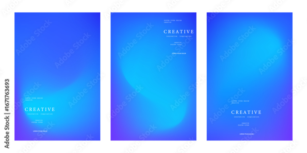Naklejka premium Collection of creative abstract poster templates with smooth blue gradient backgrounds. Modern minimalist design, perfect for branding, flyer, presentation, cover, 