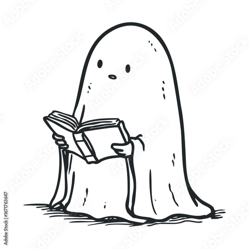 Ghost reading a book in a cozy atmosphere with whimsical charm. Halloween vector illustration