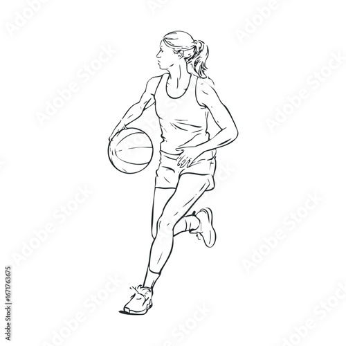 Dynamic female basketball player dribbling on the court. Halloween vector illustration