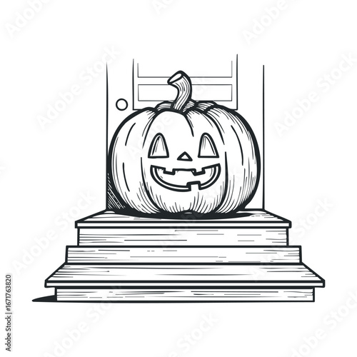 Halloween decoration with a carved pumpkin on a porch step. Halloween vector illustration