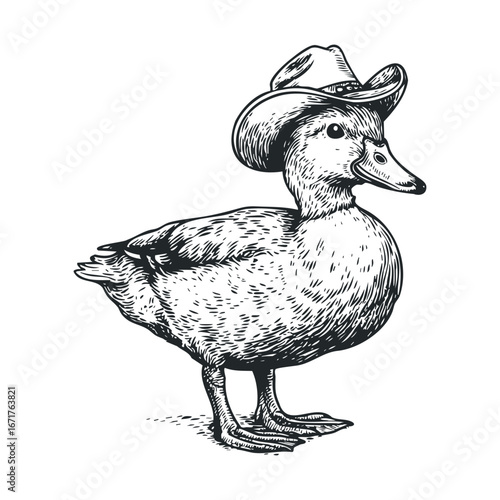 Quirky duck wearing a cowboy hat for fun designs and decorations. Halloween vector illustration