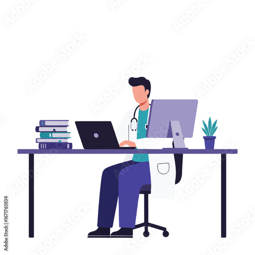 Doctor typing on laptop at desk in office with books and computer, working hard on patient care during busy workday.