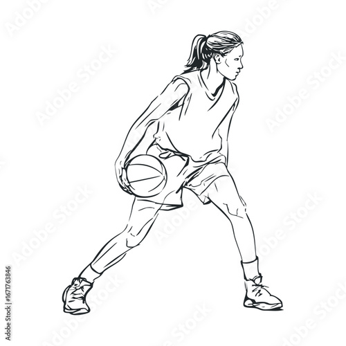 Woman dribbling basketball during practice session. Halloween vector illustration