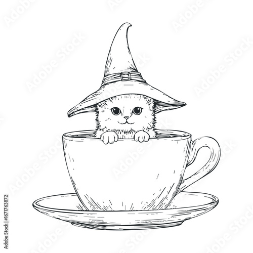 Cute cat in witch hat inside a teacup design for Halloween celebration. Halloween vector illustration