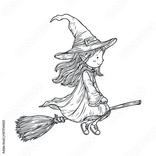 Magical witch flying on broomstick with whimsical charm for Halloween. Halloween vector illustration