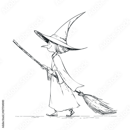 A whimsical witch walks cheerfully while holding a broomstick. Halloween vector illustration