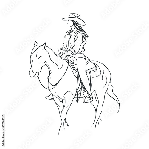 Woman riding horse in western style clothes on outdoor trail. Halloween vector illustration