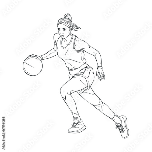 Female basketball player dribbling in motion during training session. Halloween vector illustration