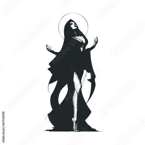 Dark goddess figure with ethereal pose and flowing robes for design. Halloween vector illustration