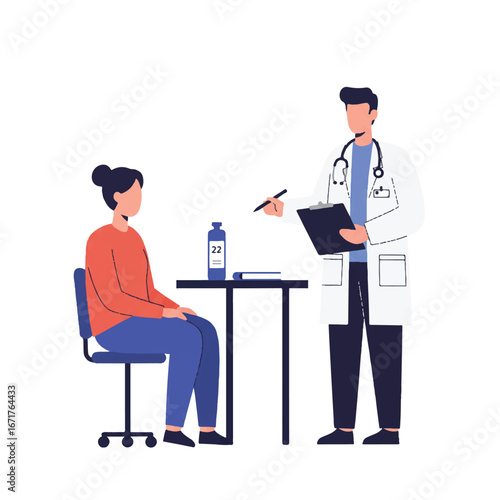 Doctor consulting with female patient in office, reviewing medical history and discussing treatment options, creating a caring and professional atmosphere.