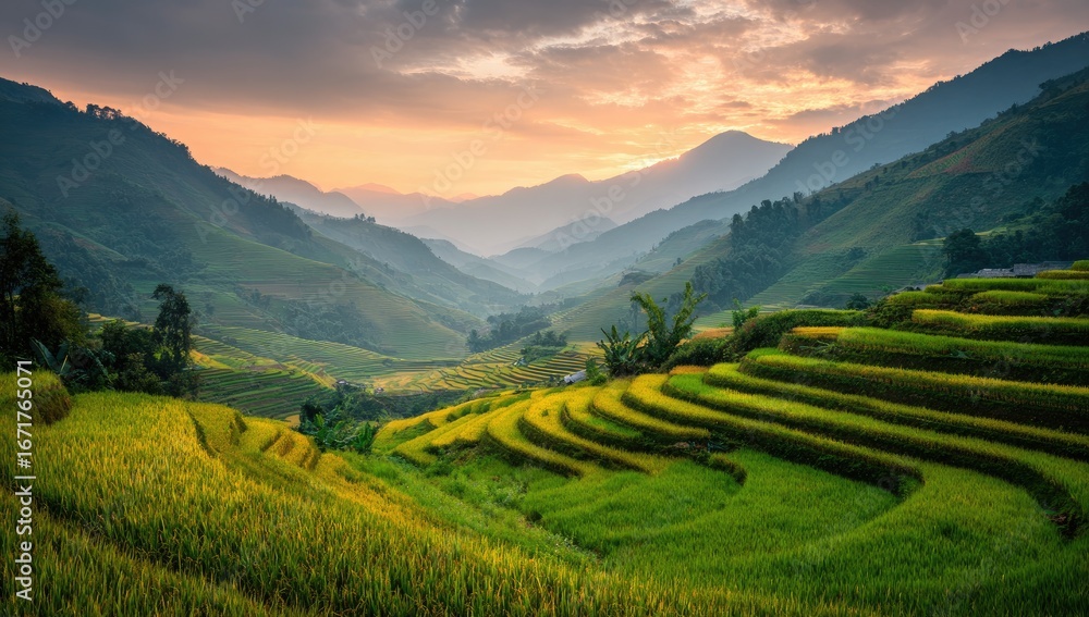 Fototapeta premium Lush terraced rice paddies at dawn in a valley.