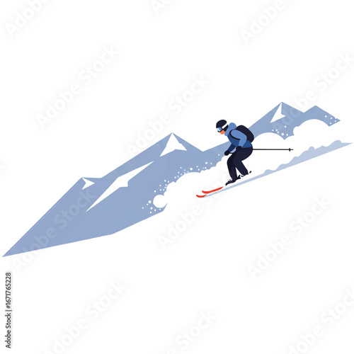 Skier descends snowy mountain slope during winter sports season with fresh powder and clear blue skies, creating a sense of freedom and adventure.