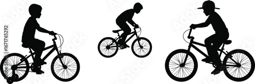 Kids riding bicycles silhouette, children bike riding, cycling boys vector, kids outdoor activity, black vector kids cycling, children biking clipart