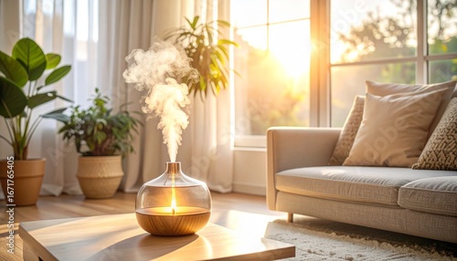 Aroma Diffuser on Table with Rising Mist in Bright Living Room