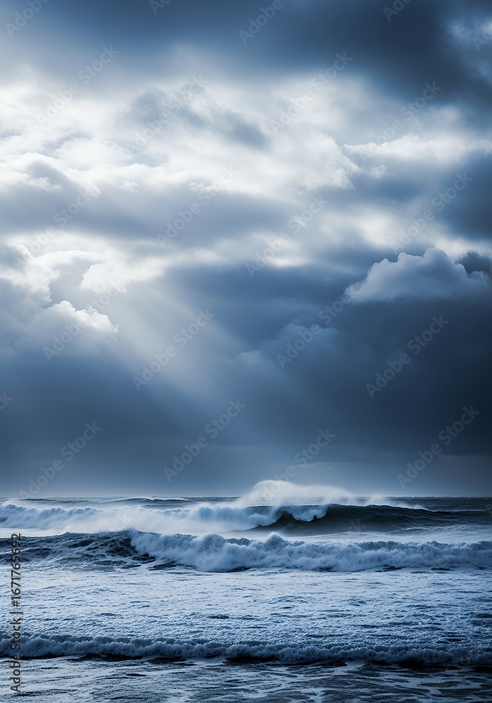 Fototapeta premium Stormy Ocean Scene: Dramatic Waves Under a Cloudy Sky.