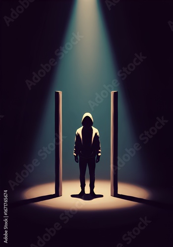 Dramatic silhouette of a person standing in a spotlight between pillars.