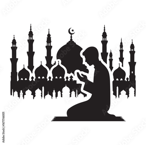 Islamic Prayer Pose with Tasbih – Muslim Silhouette Vector Art