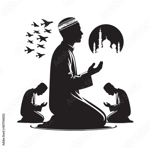 Islamic Prayer Pose with Tasbih – Muslim Silhouette Vector Art
