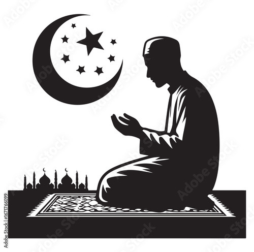 Islamic Prayer Pose with Tasbih – Muslim Silhouette Vector Art