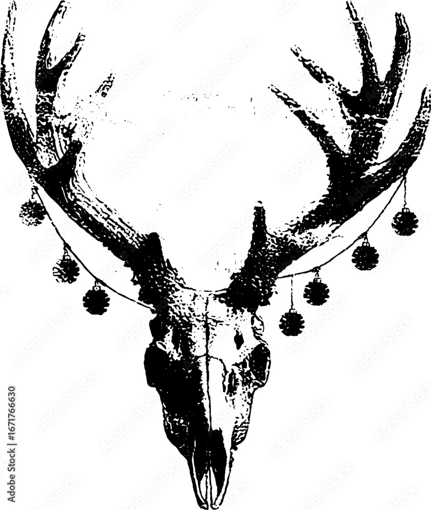 Obraz premium Grunge black and white reindeer skull with ornament garland design for posters