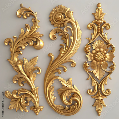 Collection of golden baroque ornaments exquisite 3d rendered rococostyle deco