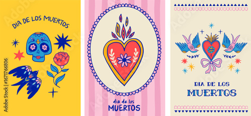 Dia de los muertos, Day of the dead, Mexican holiday, festival. Vertical cards, posters, banners in modern hand drawn style, with skulls, birds, hearts, guitar and flowers