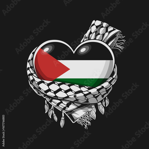 Vector illustration of the Palestinian national flag is shaped like a heart and a keffiyeh