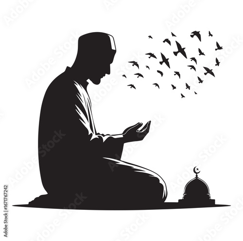 Islamic Prayer Pose with Tasbih – Muslim Silhouette Vector Art